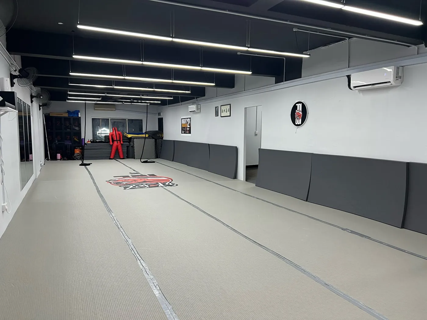 Training area with red throwing dummies, battle ropes and wall pads